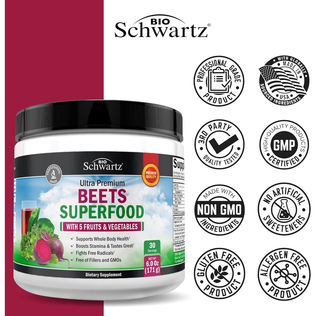 Beet Root Powder - Beets Superfood Supplement with Vitamin C plus Organic Antioxidant Rich Red Fruits and Vegetables - Boosts Stamina and Natural Energy Levels - 30 Servings - Packaging May Vary
