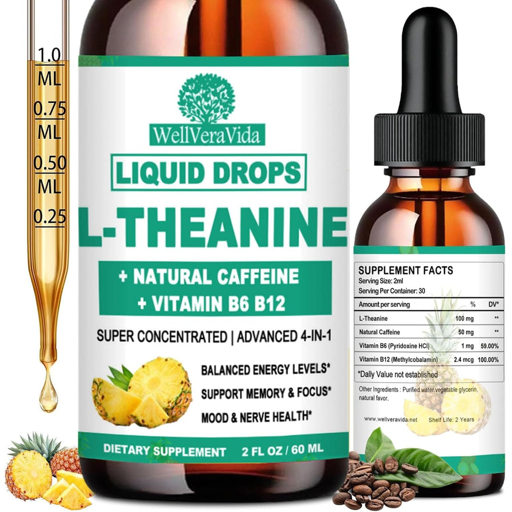 Wellveravida L Theanine Caffeine Liquid Drops, High Potency L-Theanine 100Mg W. Caffeine Vitamin B12 B6, Natural Nootropic Brain for Smooth Energy Focus Alertness, 6X Stronger than Pills Powder Gum