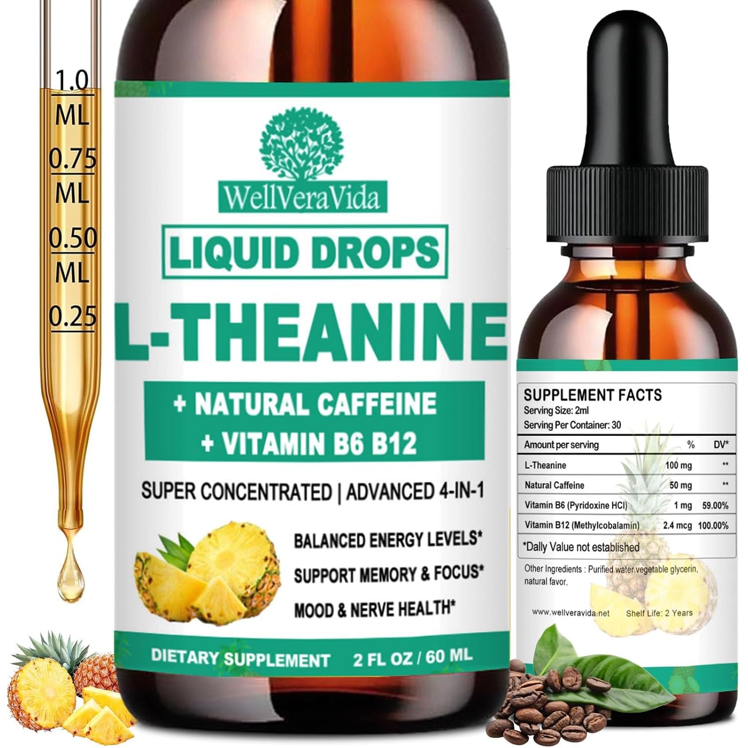 Wellveravida L Theanine Caffeine Liquid Drops, High Potency L-Theanine 100Mg W. Caffeine Vitamin B12 B6, Natural Nootropic Brain for Smooth Energy Focus Alertness, 6X Stronger than Pills Powder Gum