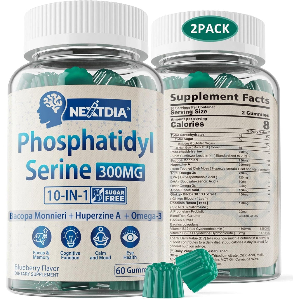 Phosphatidylserine - Nootropic Brian Supplement, Focus & Energy Gummies+ Bacopa Monnieri, Omega 3, Huperzine A, Methyl B12 & B6 for Seniors, Gamers, Workers, Non-Gmo, Caffeine-Free, Sugar Free, 2 Pack
