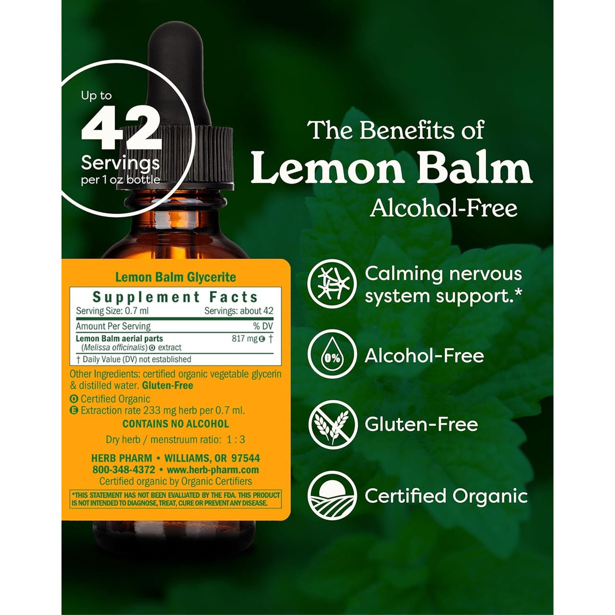 Herb Pharm Lemon Balm, Alcohol-Free: Certified Organic, Nervousness & Over-Excitement Support, Fast-Absorbing & Sugar-Free Calming Extract, Made with Lemon Balm Herb, Liquid Glycerite, 1 Oz