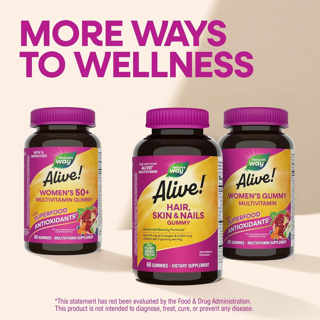 Nature'S Way Alive! Hair, Skin & Nails Gummies with Collagen and Biotin, Advanced Beauty Formula Supplement with Antioxidant Vitamins C & E*, Strawberry Flavored, 60 Gummies