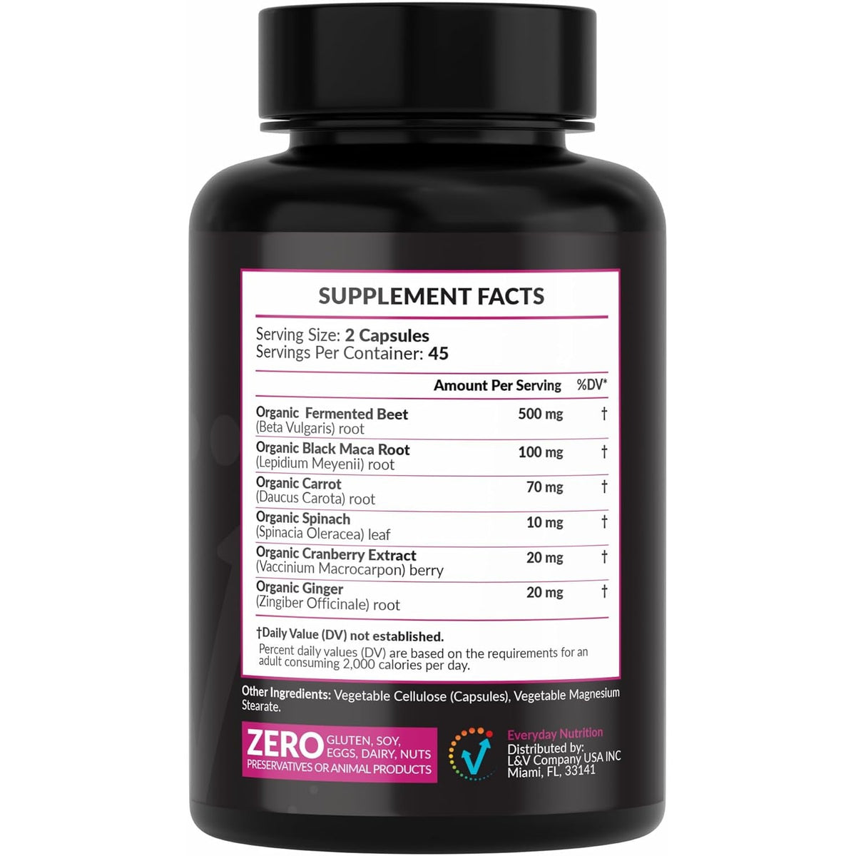Organic Fermented Beet Root & Black Maca Capsules with Carrot, Spinach, Cranberry & Ginger | Superfood for Energy, Stamina & Wellness | 90 Veggie Capsules | Made in USA