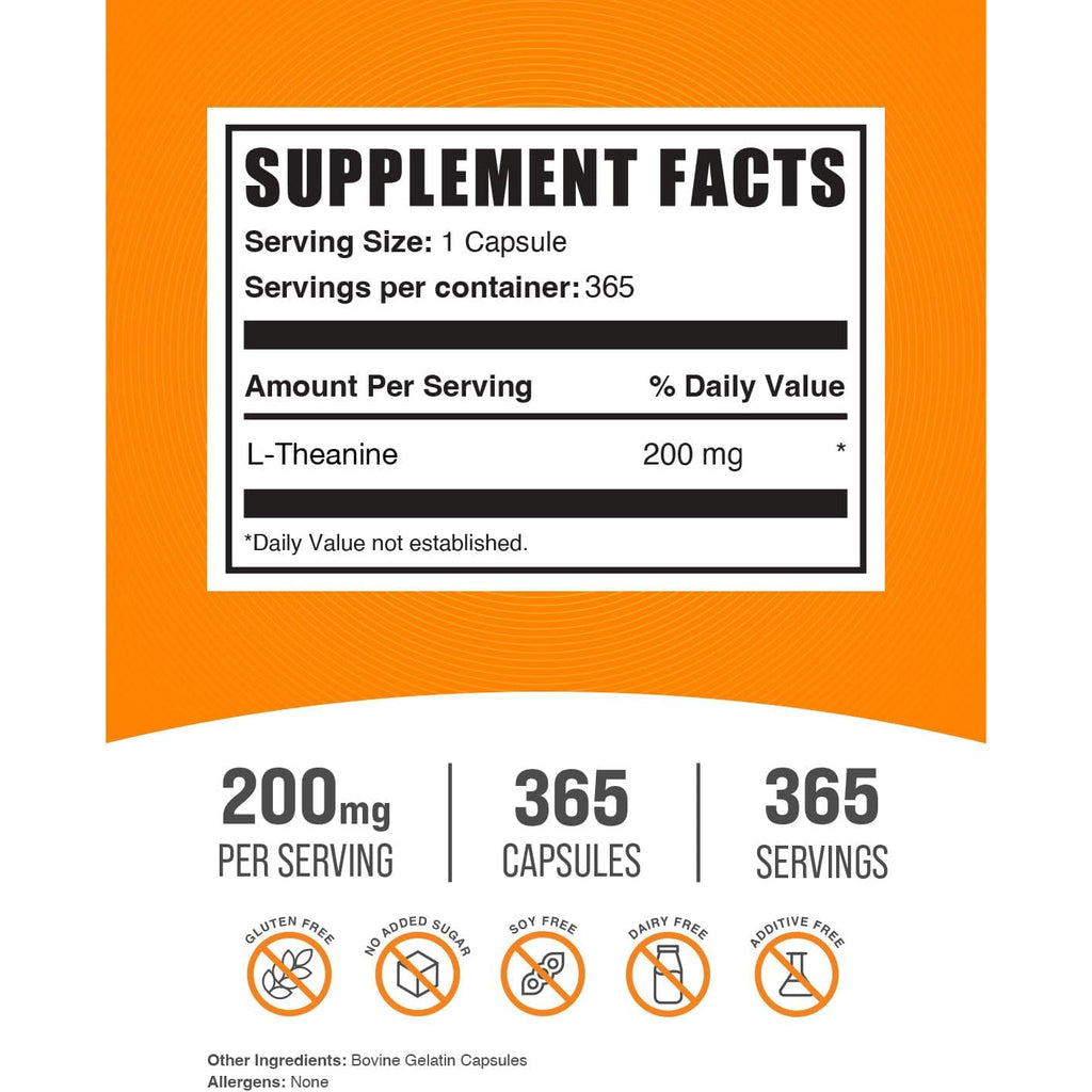 Bulksupplements.Com L-Theanine Capsules - L-Theanine Supplement, L-Theanine 200Mg, Theanine Pills - Amino Amino Supplement, Gluten Free - 1 Theanine Capsule per Serving, 365 Capsules