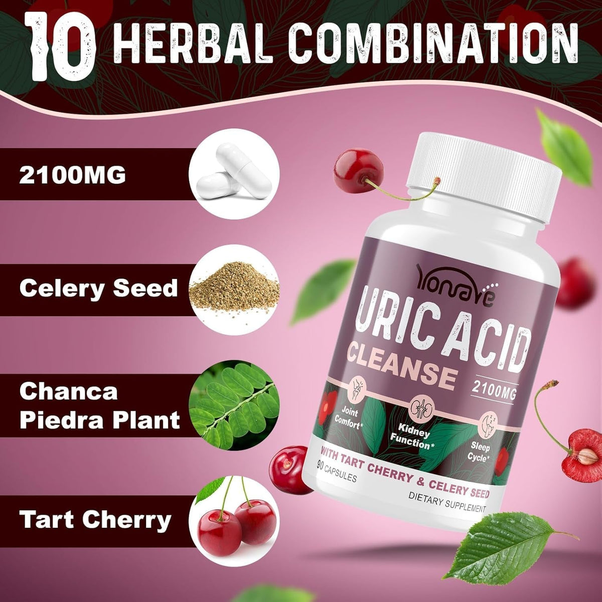 Yonrave Uric Acid Cleanse & Detox - Tart Cherry Capsules, Celery Seed Uric Acid Supplement – Kidney, Joint and Sleep – 90 Veggie Capsules（1 Bottle）