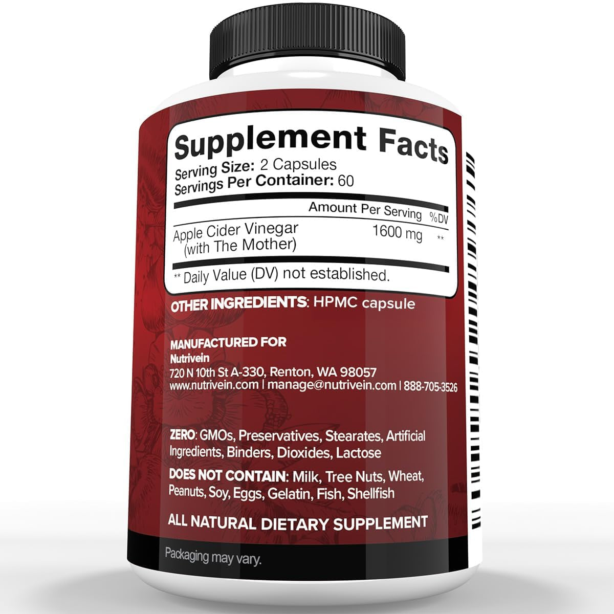 Nutrivein Premium Apple Cider Vinegar Supplements with Mother - 1600 Mg - 120 Apple Cider Vinegar Capsules: ACV Pills for Digestion, Keto, Cleansing, and Balanced Nutrition
