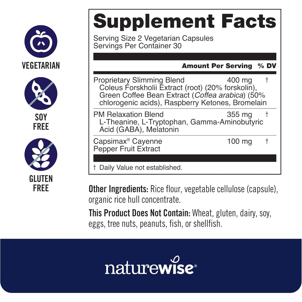 Naturewise Nighttime Fitness Support Supplement & Natural Sleep Aid with Cayenne Extract, Green Coffee Bean, GABA, L-Theanine - Vegetarian, Non-Gmo - 60 Capsules[1-Month Supply]