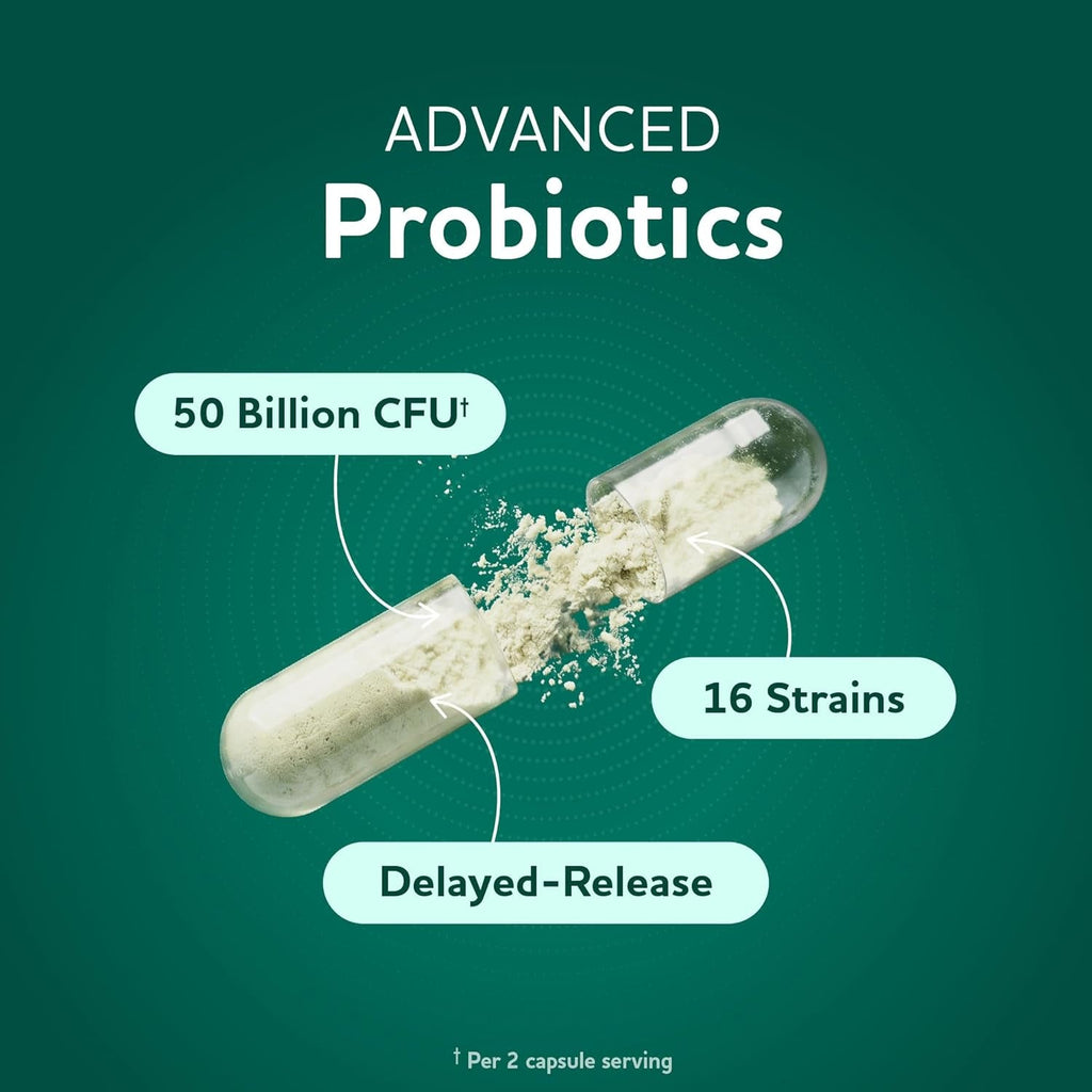 Prebiotics and Probiotics | 50 Billion CFU, 16 Probiotic Strains & Inulin Prebiotic Fiber | Delayed Release Capsules | Gut Health Support | Prebiotics and Probiotics for Women & Men | Non-Gmo | 60 Ct