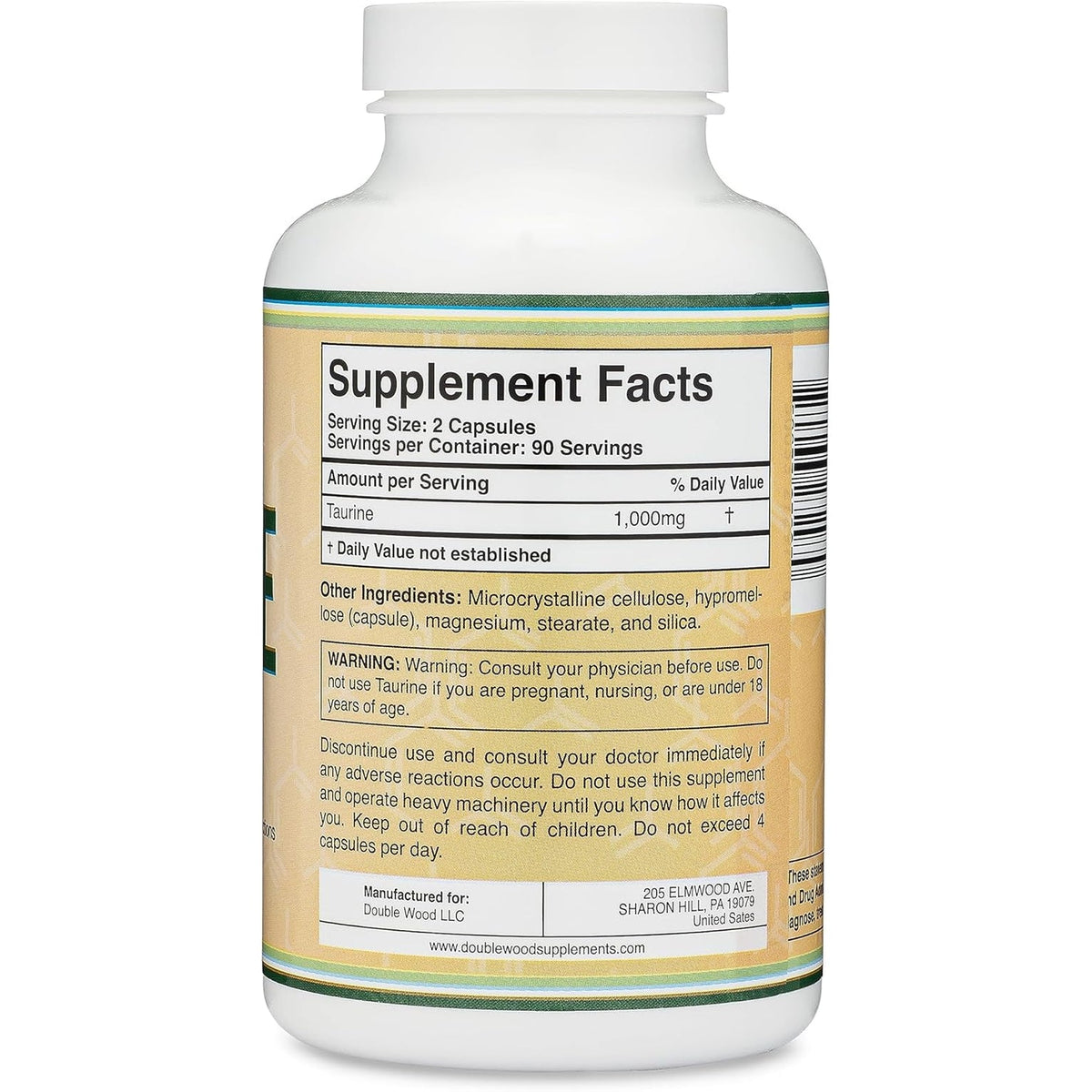 Taurine Supplement 1000Mg per Serving, 180 Capsules - Amino Acid Studied to Support a Longer, Healthier Life (Taurina) Vegan Safe, Gluten Free, Non-Gmo by Double Wood