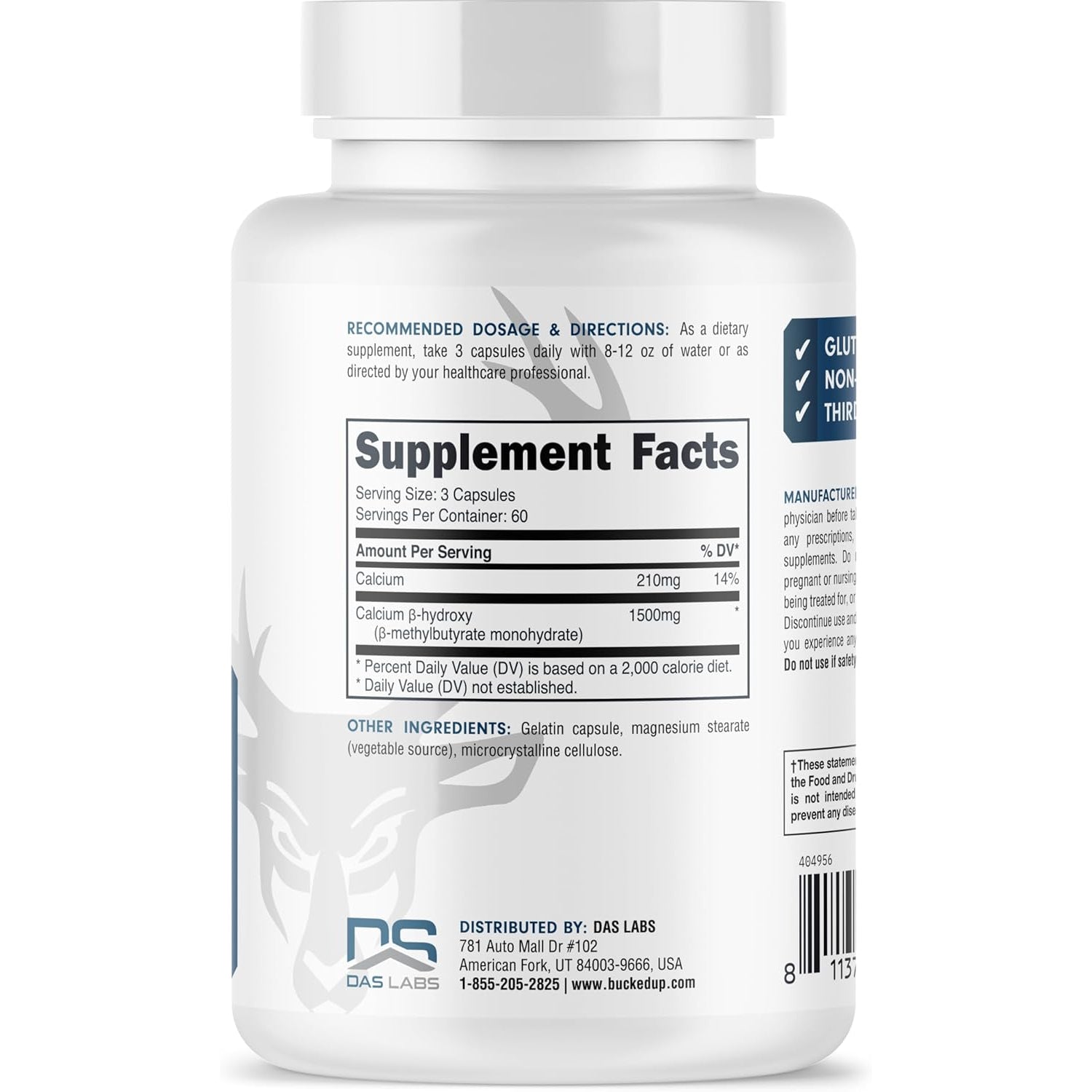 Bucked up HMB (Beta-Hydroxy Beta-Methylbutyrate) 1500Mg per Serving, Essentials (60 Servings, 180 Capsules)