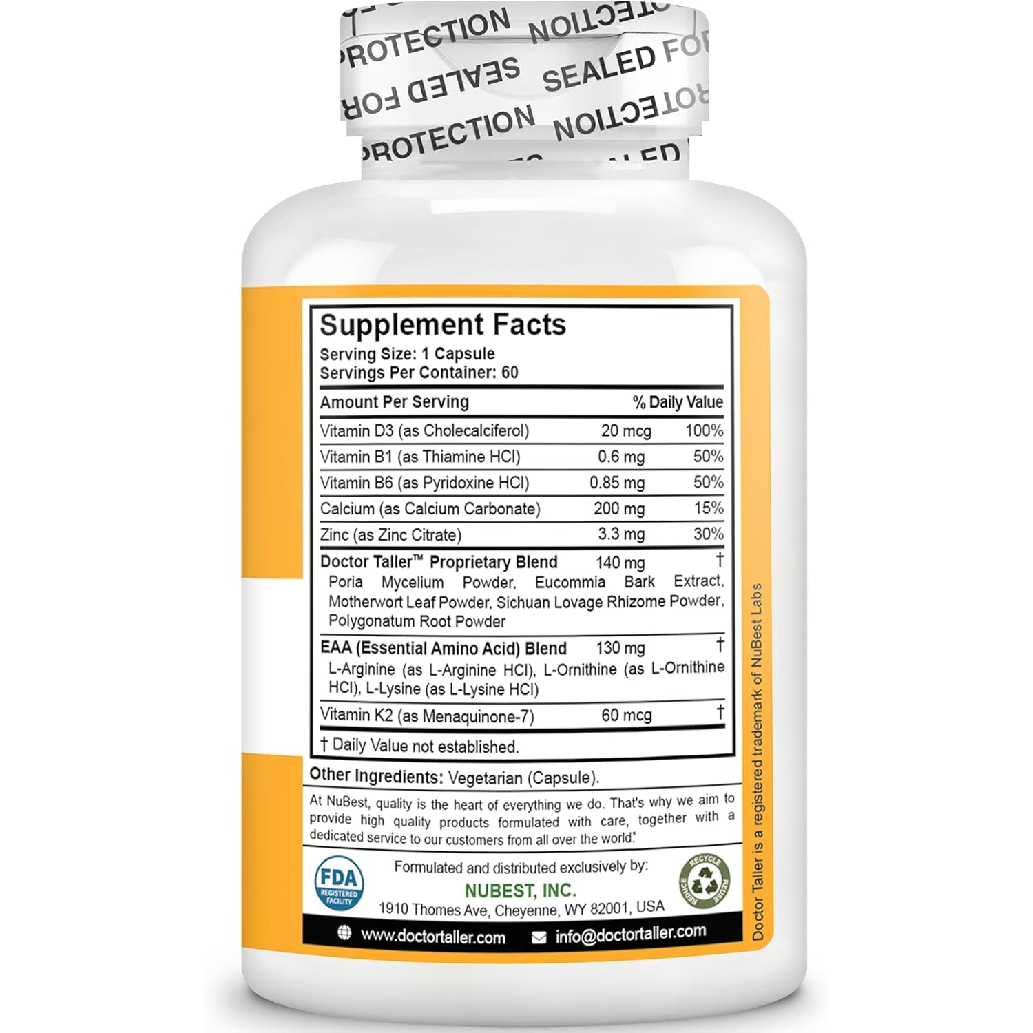 Nubest Doctor Taller - Bone Strength Supports, Enhance Immune System - Keto with Calcium, Vitamin D3, Vitamin K2, Amino Acids & Herbs for Children (8+) - 60 Vegan Capsules | 1 Month Supply