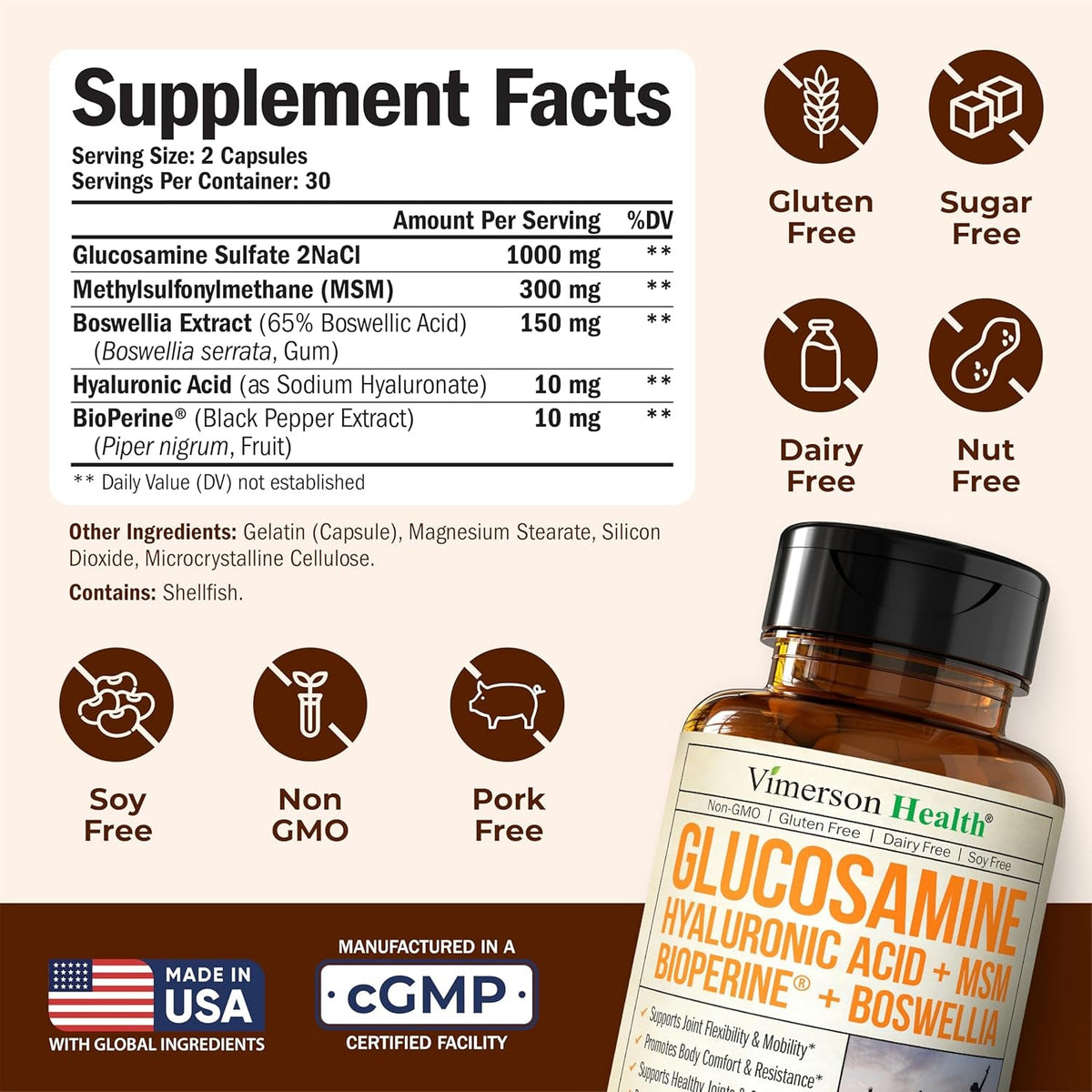 Joint Support Supplement with Glucosamine Sulfate, Hyaluronic Acid, Boswellia & MSM – Supports Joint Health, Mobility & Bone Strength – for Daily Use – FSA Eligible 60 Capsules