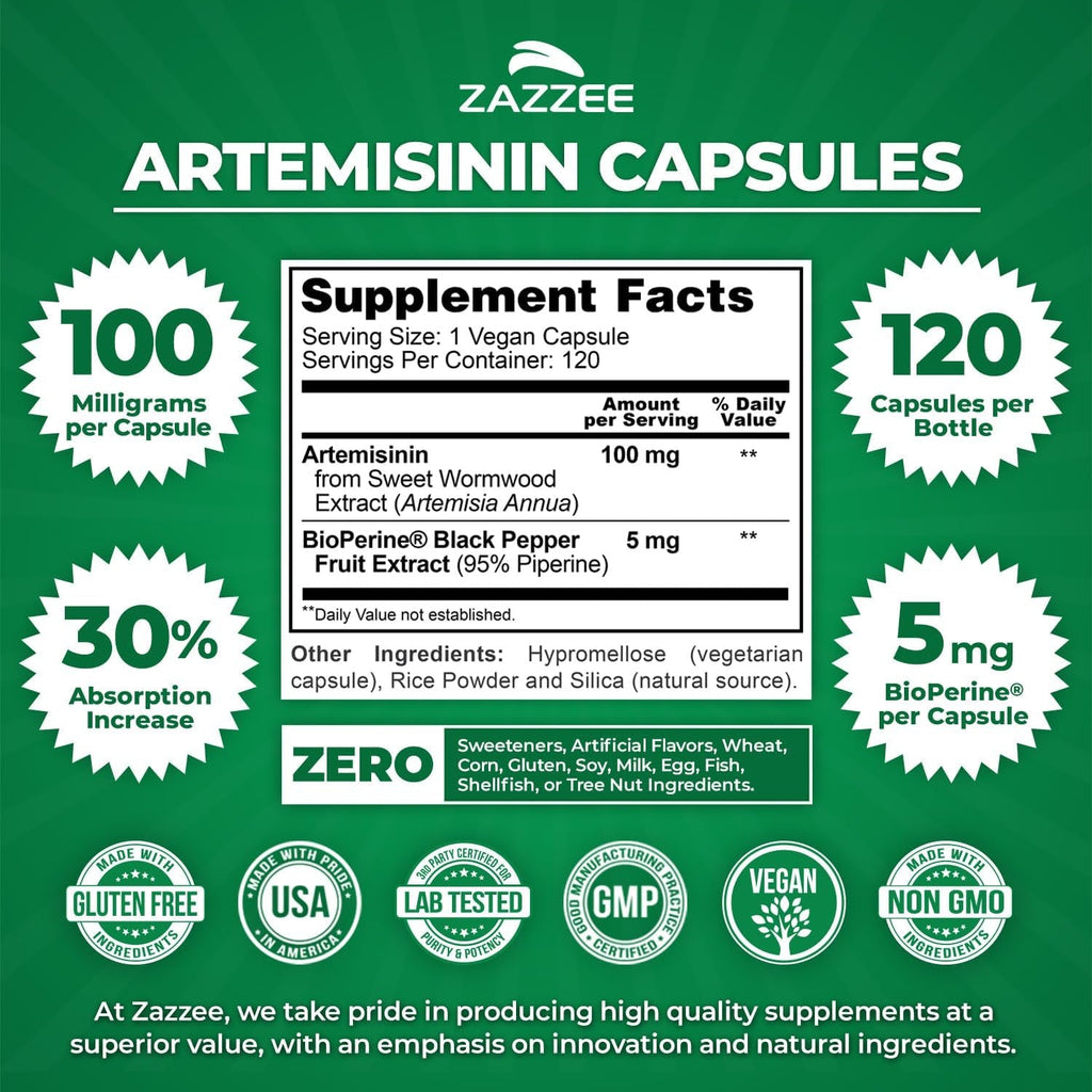 Zazzee High Absorption Artemisinin, 100 Mg per Capsule, 120 Vegan Capsules, with 5 Mg Bioperine for Maximum Absorption, Sweet Wormwood Extract, 4 Month Supply, All-Natural and Non-Gmo