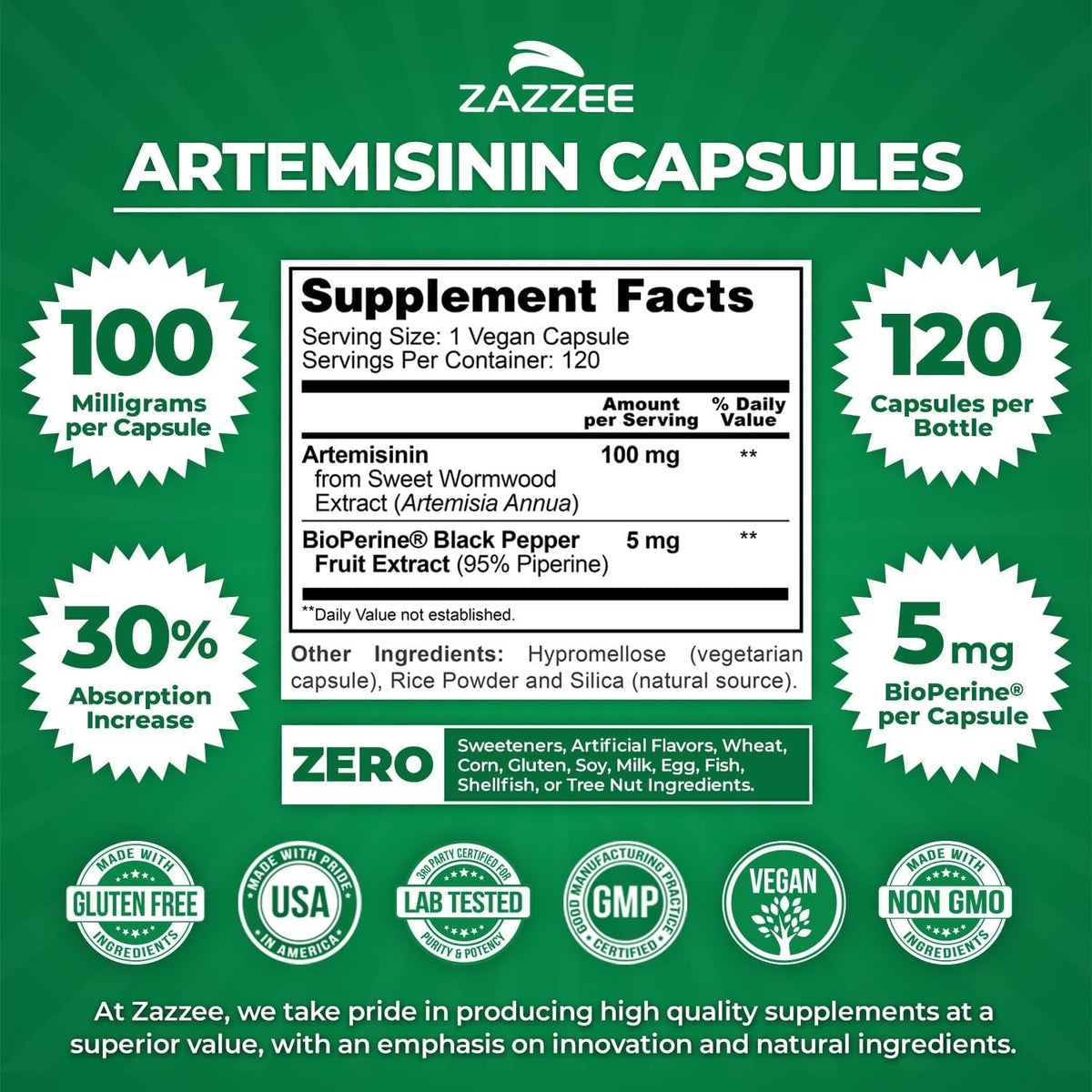 Zazzee High Absorption Artemisinin, 100 Mg per Capsule, 120 Vegan Capsules, with 5 Mg Bioperine for Maximum Absorption, Sweet Wormwood Extract, 4 Month Supply, All-Natural and Non-Gmo