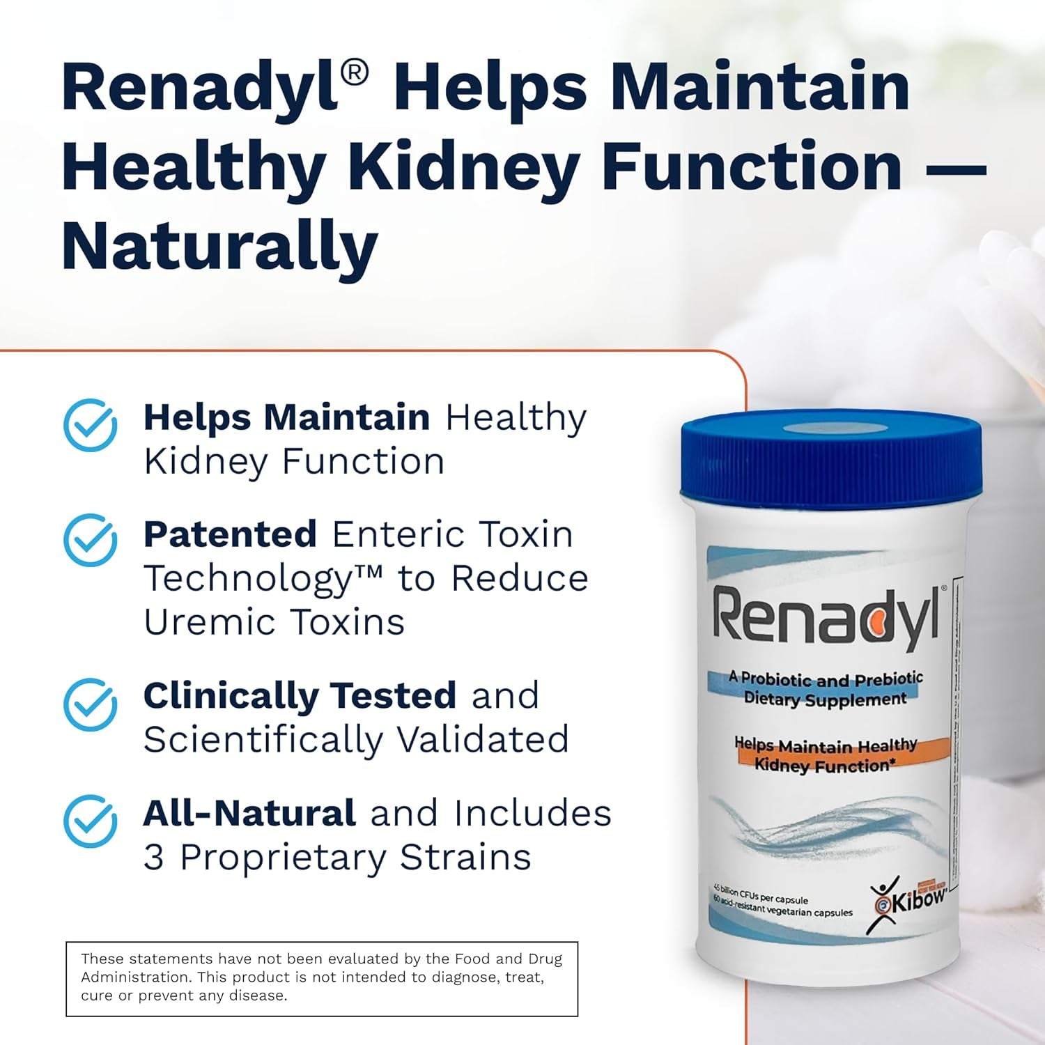 Renadyl Kidney Probiotic Supplement | Urea, Creatinine, & Uric Acid Support | 45 Billion Cfus | Clinically Tested, Non-Gmo, & Made in USA, 180 Capsules (3 Bottles, 3 Month Supply)