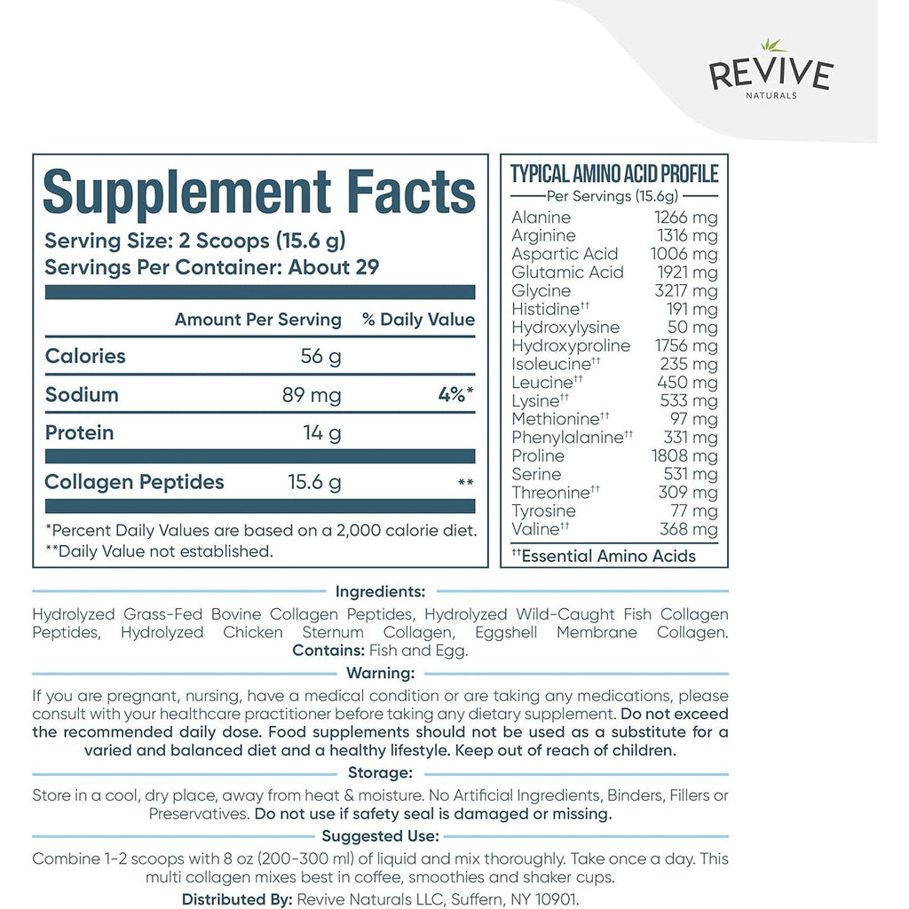 Revive Naturals Multi Collagen Hydrolyzed Protein Powder (16Oz) - Types I, II, III, V & X - Grass Fed Bovine, Wild Caught Marine, Free Roaming Chicken & Eggshell Collagen Peptides,