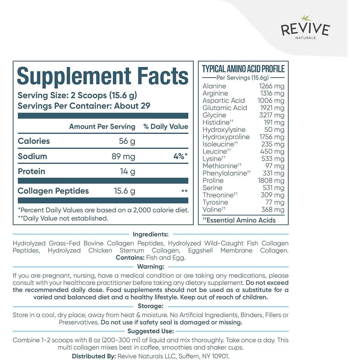Revive Naturals Multi Collagen Hydrolyzed Protein Powder (16Oz) - Types I, II, III, V & X - Grass Fed Bovine, Wild Caught Marine, Free Roaming Chicken & Eggshell Collagen Peptides,