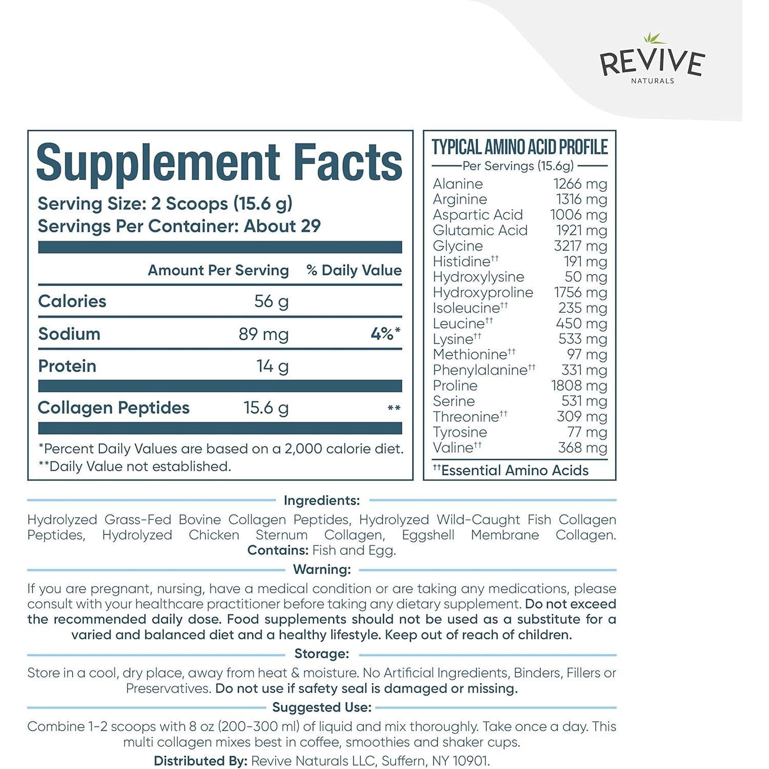 Revive Naturals Multi Collagen Hydrolyzed Protein Powder (16Oz) - Types I, II, III, V & X - Grass Fed Bovine, Wild Caught Marine, Free Roaming Chicken & Eggshell Collagen Peptides,