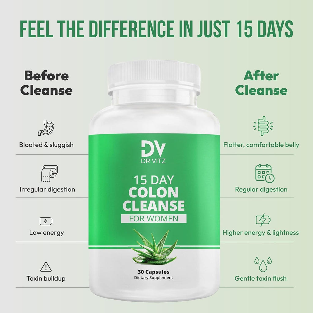 15 Day Colon Cleanse for Women – Natural Detox Pills with Herbs, Fiber & Probiotics – Bloating & Constipation Relief, Weight Loss & Gut Health Reset – 30 Capsules