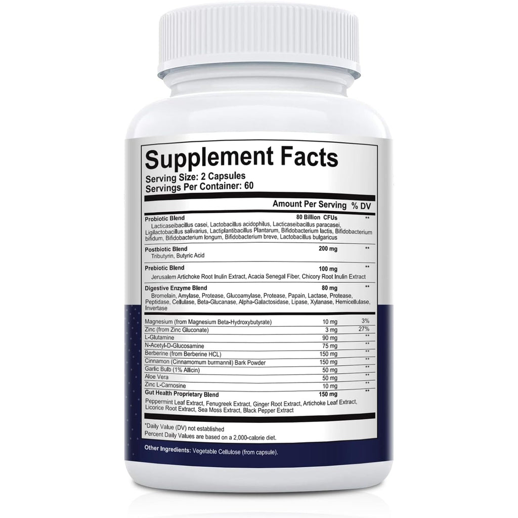 Migcopat Probiotic Prebiotic, Postbiotic & Digestive Enzymes for Digestive Health, 80 Billion CFU Probiotics Complete Gut Support with Berberine, Cinnamon, L-Glutamine, for Men & Women, 120 Capsules