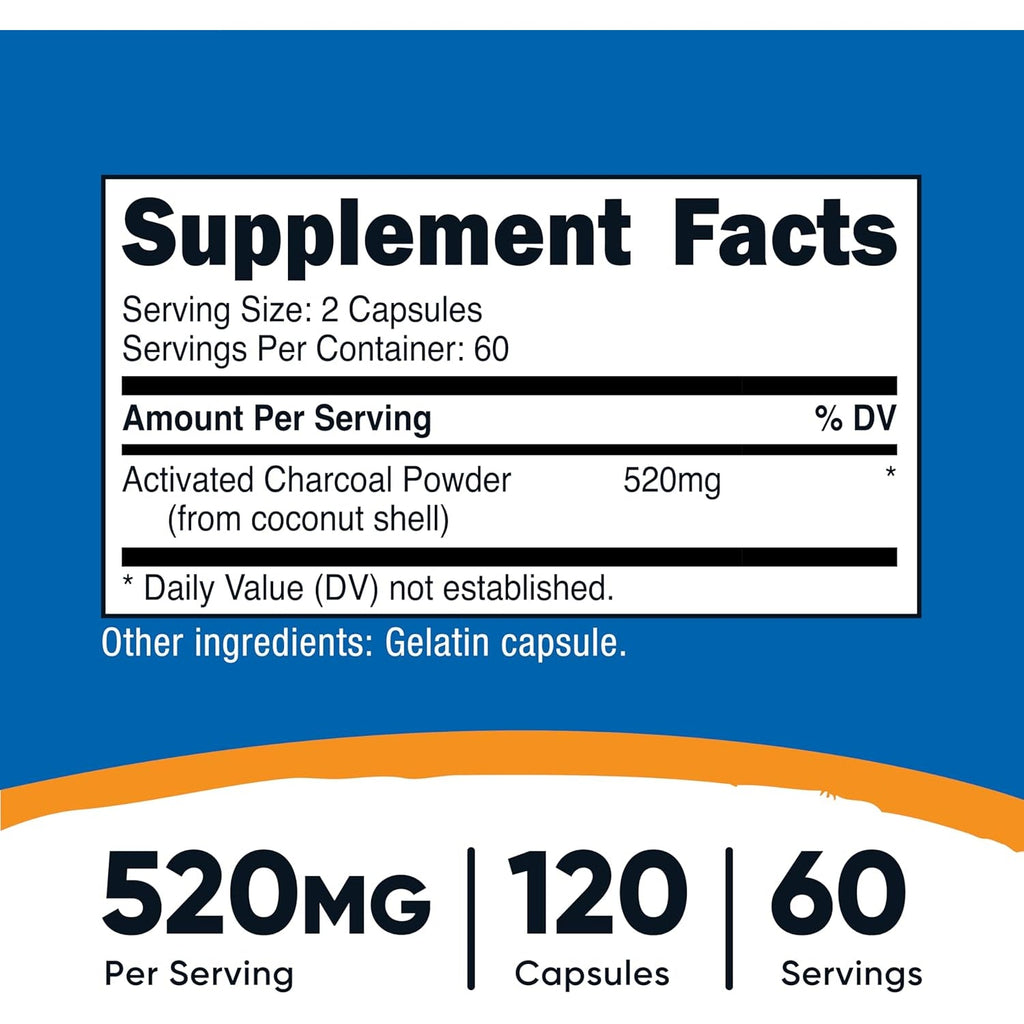 Nutricost Activated Charcoal 520Mg, 120 Capsules - Premium Powder, Non-Gmo & Gluten Free