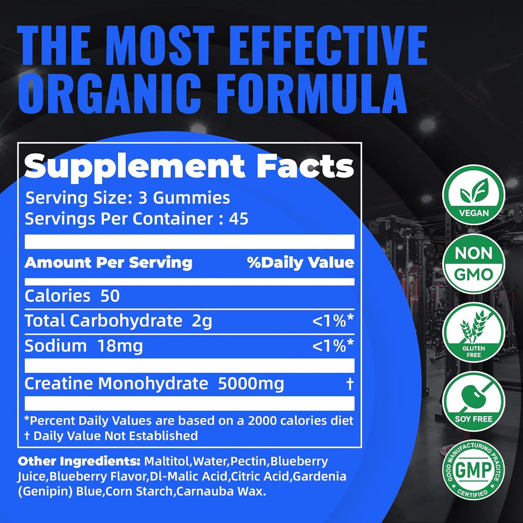 Natures Aid NSF Certified Creatine Gummy 5G - Creatine Monohydrate Gummies – Pre-Workout Energy & Muscle Growth Support for Men & Women | Blueberry Electrolyte Gummies (135 Count)
