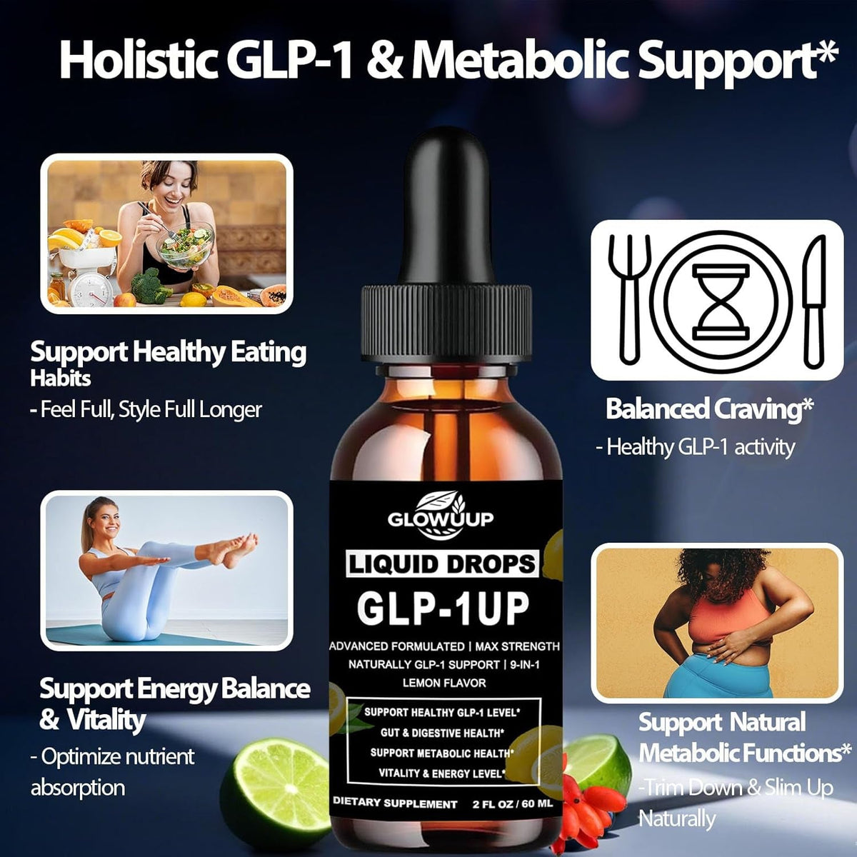 GLP-1 Supplement for Women & Men, 9-In-1 Naturally GLP-1 Support W. Berberine HCI Cyelon Cinnamon Green Tea Eriocitrin, GLP1 for Gut Digestion Metabolic, GLP-1 Drops 6X Stronger than Capsules