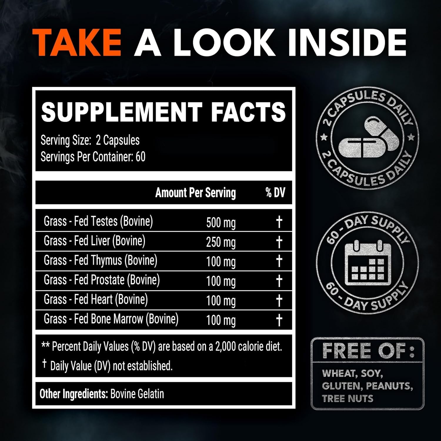 Beef Organ Complex Capsules for Men - New Zealand and Grass Fed Finished Bull Supplement, Freeze Dried and Non-Gmo Bovine Testes, Liver, Thymus, Heart, Bone Marrow - 2-Month Supply