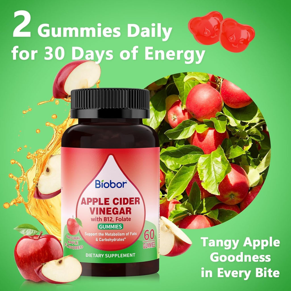 Biobor Apple Cider Vinegar Gummies 1000 Mg with Vitamin B12, ACV Gummies for Women Support the Metabolism of Fats and Carbohydrates, Vegan, GMO Free, Gluten Free (120 Count)