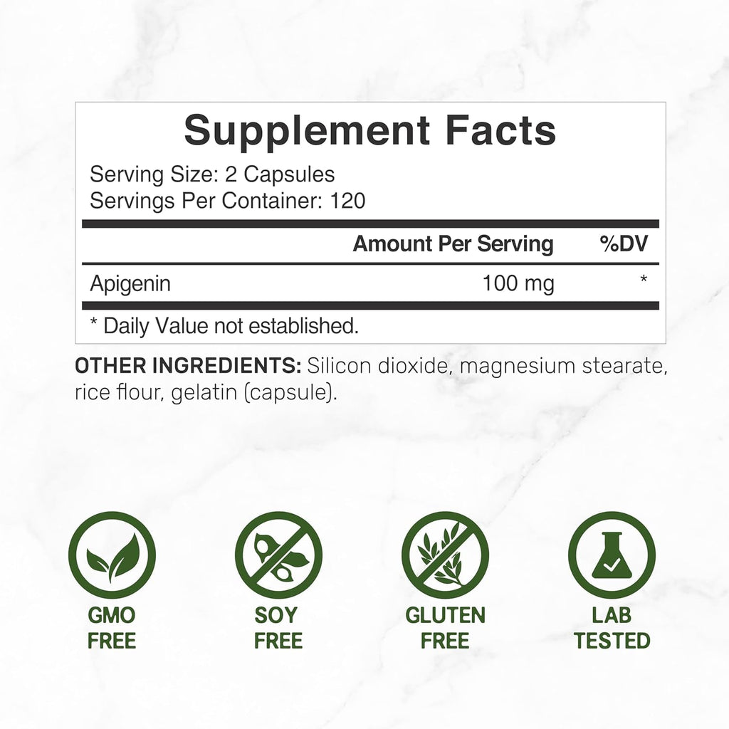 Apigenin, 100Mg per Serving, 240 Capsules – Raw Plant Extract from Chamomile Flower – Active Bioflavonoids & Antioxidants – Sleep & Relaxation Supplement – Non-Gmo