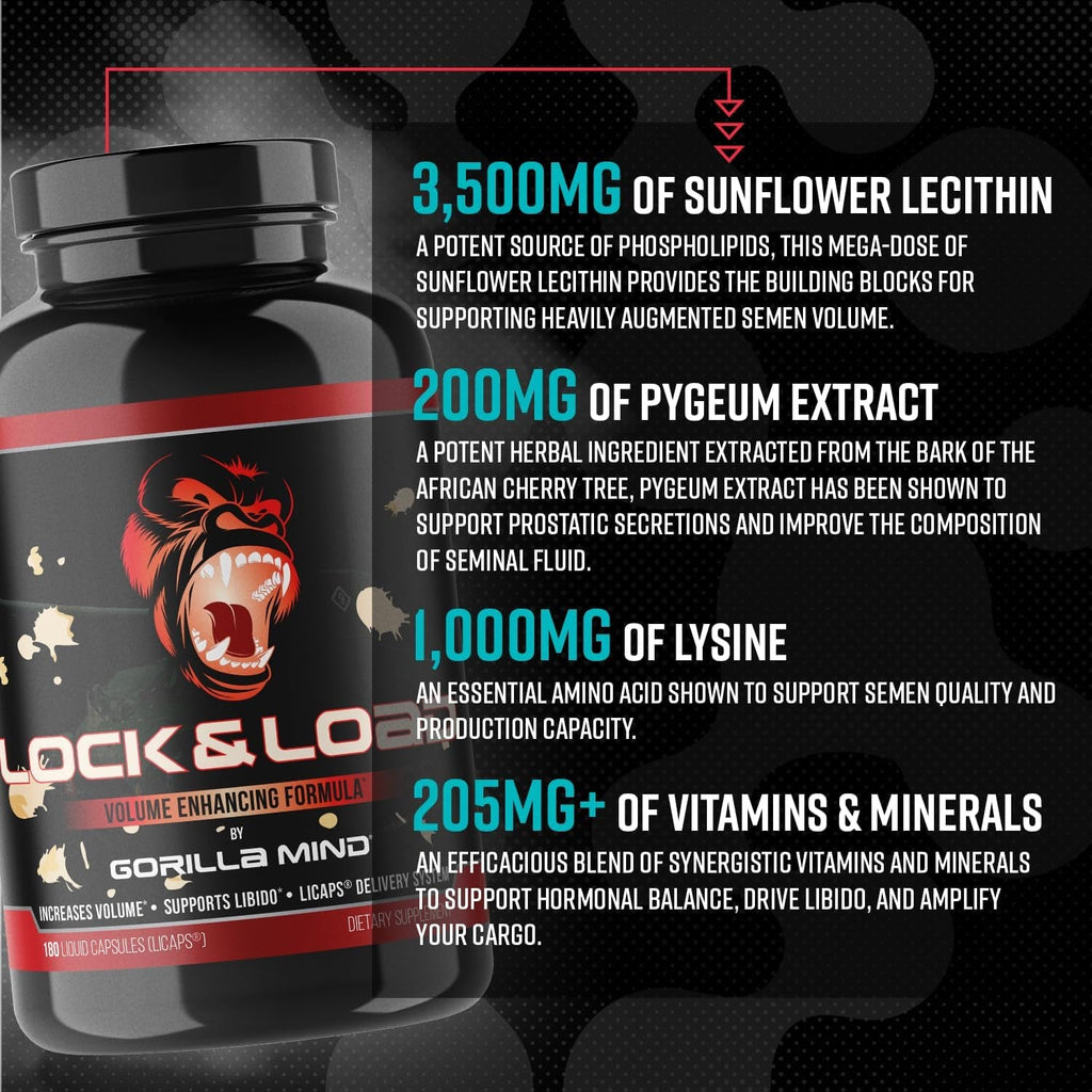 Gorilla Mind Lock & Load® - Semen Volume & Quality Support | Libido · Erection Quality · Pleasure | Sunflower Lecithin, Pygeum, L-Lysine | Licaps® Delivery | 180 Capsules