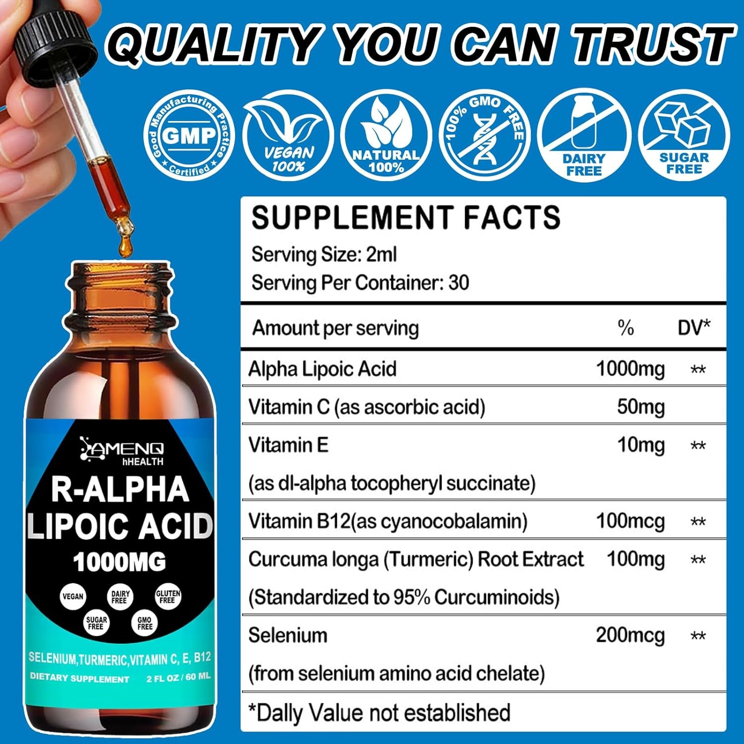 Alpha Lipoic Acid Liquid Drops 1000Mg with Stabilized R-ALA, Antioxidant Supplement for Metabolism, Nerve & Brain Health, Anti-Aging, Fast Acting Liquid Alpha-Lipoic Acid than Capsules Gummies丨 Vegan