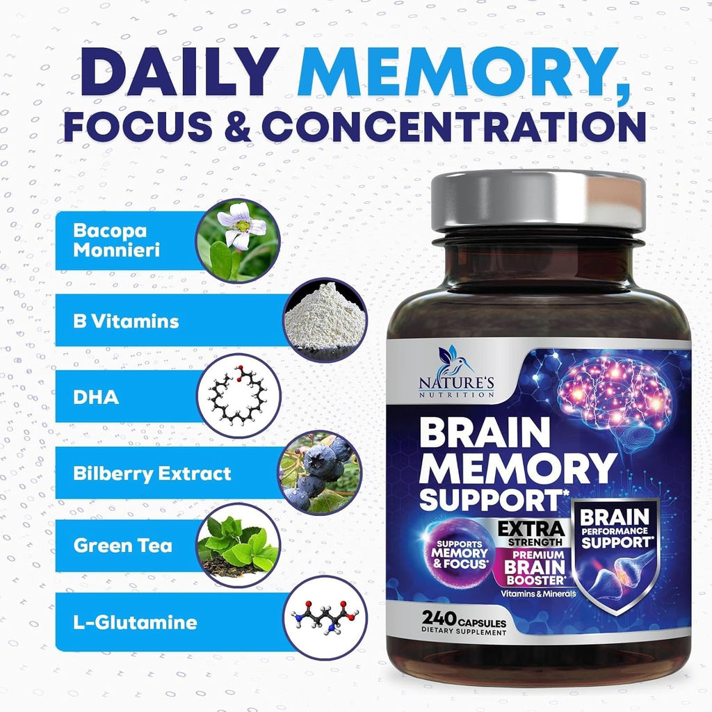 Brain Memory Supplement Pills - 3X Strength Nootropics for Concentration, Clarity & Focus Support - Brain Health Cognitive Vitamins with Bacopa, Phosphatidylserine & DMAE, Brain Booster - 240 Capsules