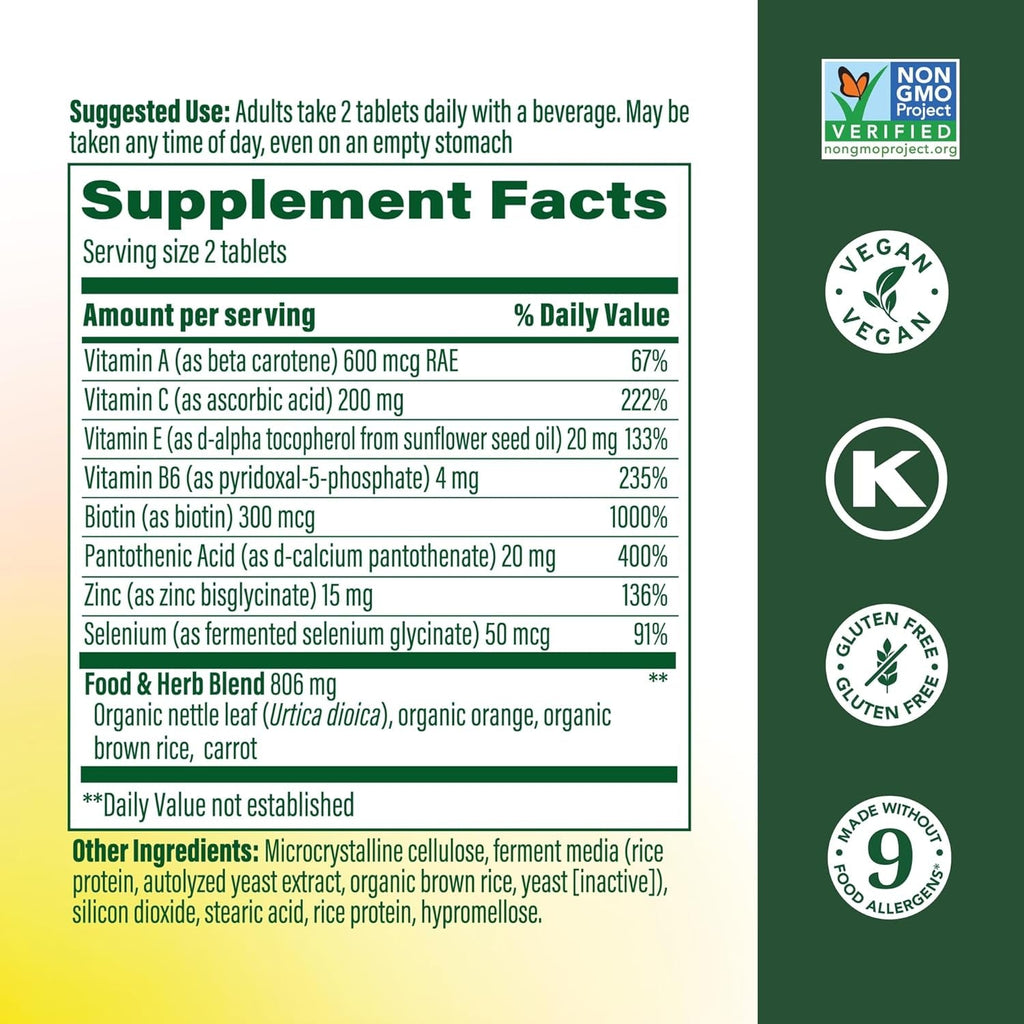 Megafood Skin, Nails & Hair 2 - Vitamins for Women & Men - Biotin, Vitamin A, C, Zinc, B6, E, Pantothenic Acid - Vegan - Made without 9 Food Allergens - 60 Tabs (30 Servings)