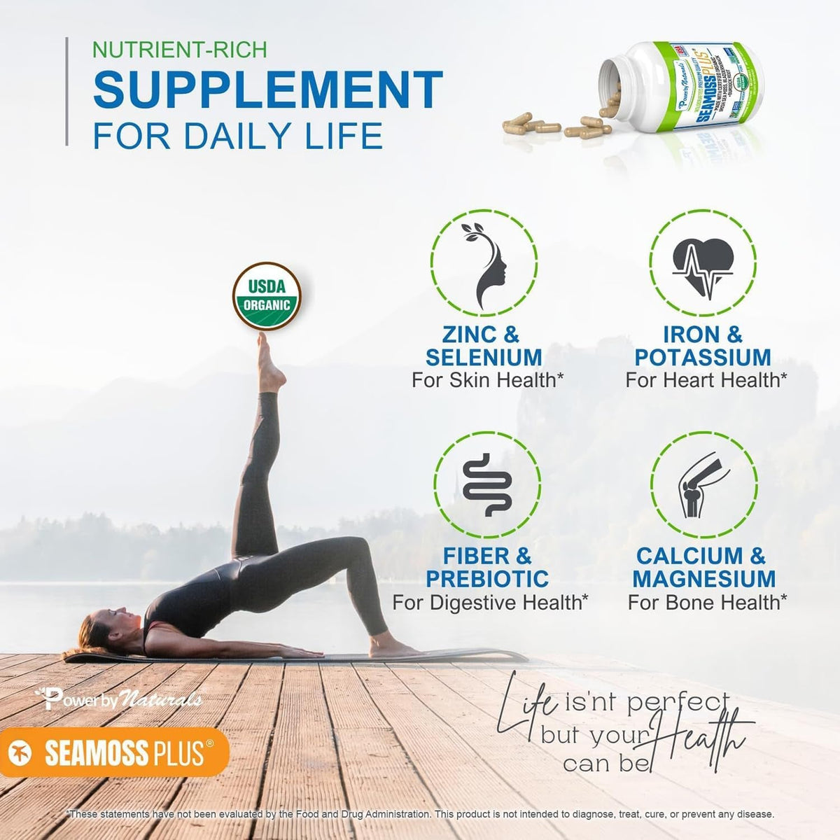 Power by Naturals Sea Moss plus – USDA Organic Irish Sea Moss Capsules with Bladderwrack & Burdock Root – Immune Support for Adults – Vegan, Non-Gmo, Gluten-Free – 60 Capsules (1-Month Supply)