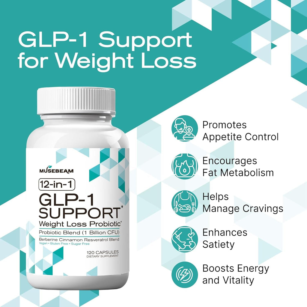 Musebeam GLP-1 Support Probiotic Weight Loss Supplement - Women Men GLP1 Support with Berberine - Appetite Suppressant Hunger Control Metabolism Fat Burn & Gut Health Support