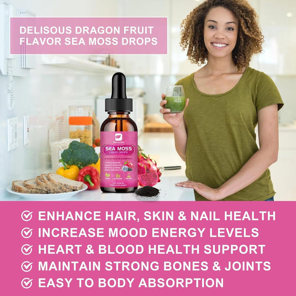 Sea Moss Liquid Drops - Organic Irish Sea Moss with Black Seed Oil, Ashwagandha, Soursop, Bladderwrack, Burdock Root, Elderberry, Turmeric | Seamoss for Immune Support, Energy, Hair & Digestion -Vegan