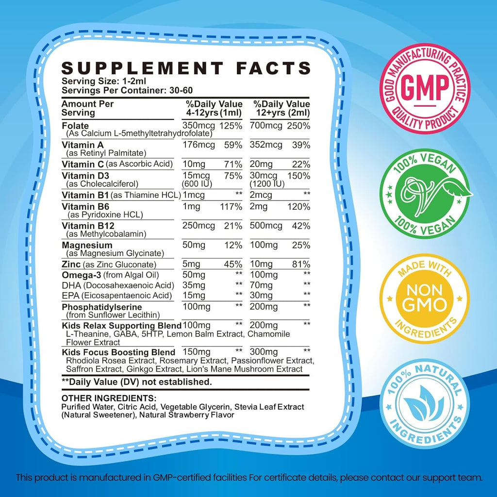 Kids Focus and Attention Supplements with Phosphatidylserine, Omega-3, Magnesium Glycinate & L-Theanine, Brain Vitamins Liquid Drops for Kids Memory, Cognitive, Sleep, Calm & Mood, Strawberry, 2 Fl Oz