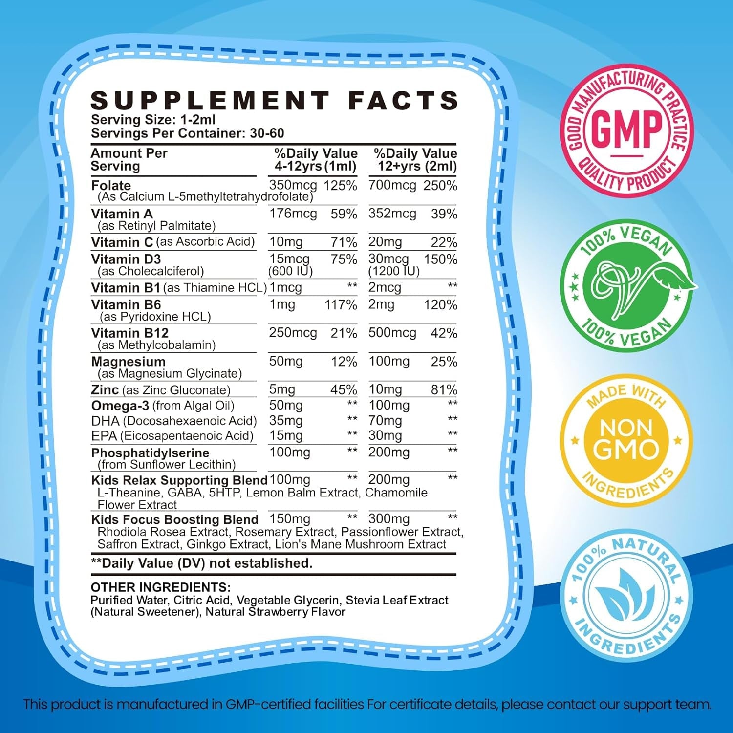 Kids Focus and Attention Supplements with Phosphatidylserine, Omega-3, Magnesium Glycinate & L-Theanine, Brain Vitamins Liquid Drops for Kids Memory, Cognitive, Sleep, Calm & Mood, Strawberry, 2 Fl Oz