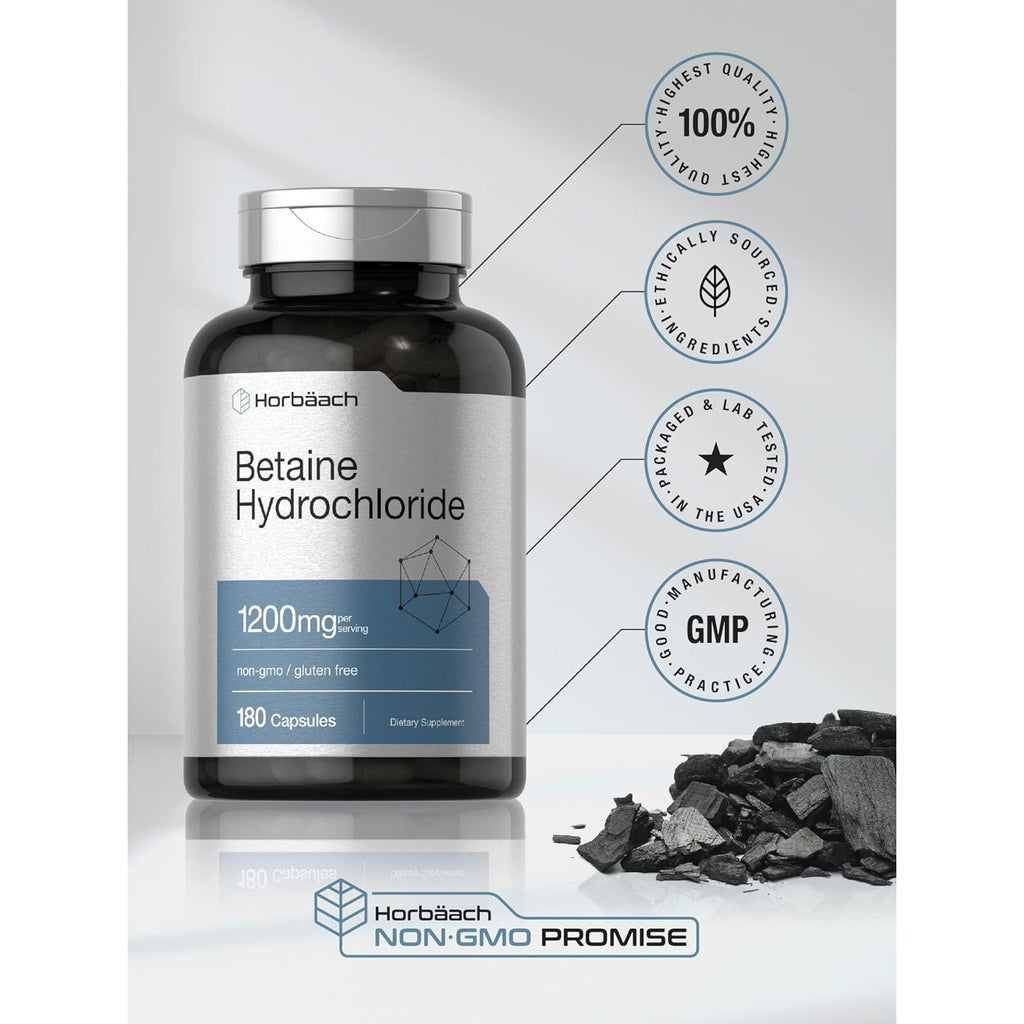 Horbäach Betaine Hcl 1200Mg | 180 Capsules | Betaine Hydrochloride Supplement | Non-Gmo, Gluten Free