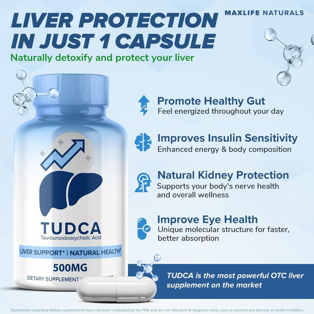 Maxlife Naturals TUDCA Liver Support Supplement 500Mg – 60 Capsules Tauroursodeoxycholic Acid, Nerve Cell Function, Bile Salts Supplement for Liver & Gallbladder Support, Digestive Balance Formula