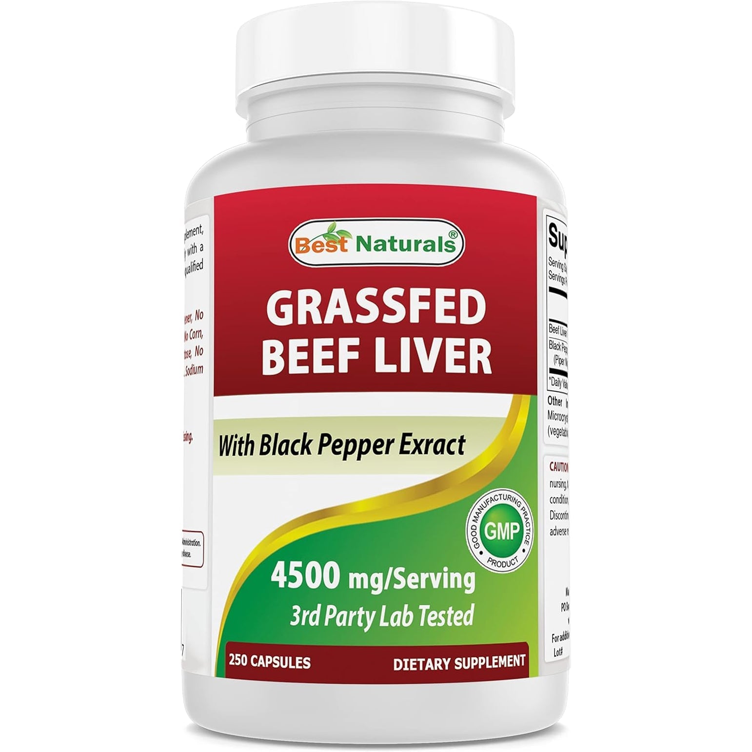 Best Naturals Grass Fed Beef Liver Capsules 4500Mg 250 Count - Desiccated Supplement - Energy Production, Detoxification, Digestion, Immunity - Added Black Pepper Extract for Maximum Absorption.