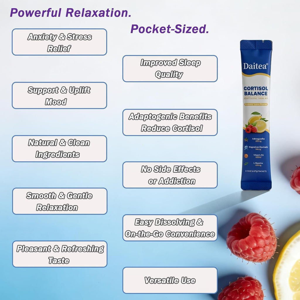 Cortisol Calm Drink Mix with Magnesium Glycinate Powder, L-Theanine, Vitamins, and Ashwagandha for Relaxation & Focus | Adaptogen Drink & Cortisol Support | 30 Packets (Raspberry & Lemon Flavor)