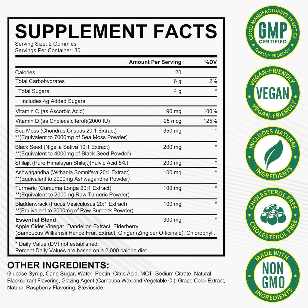 Sea Moss Gummies, Sea Moss, Bladderwrack, Ashwagandha, Burdock Root, Energy, Immune Support, 60 Vegan Gummies