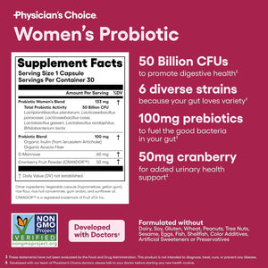 Physician'S CHOICE Probiotics for Women - PH Balance, Digestive, UT, & Feminine Health - 50 Billion CFU - 6 Unique Strains for Her - Organic Prebiotics, Cranberry Extract+ - Women Probiotic - 30 CT