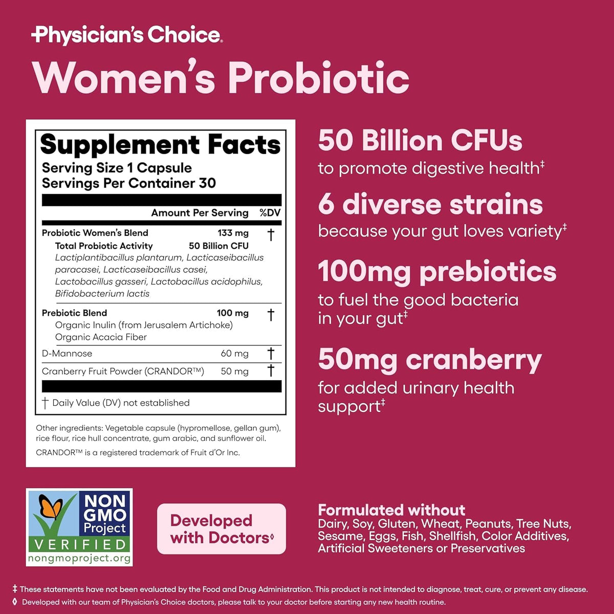 Physician'S CHOICE Probiotics for Women - PH Balance, Digestive, UT, & Feminine Health - 50 Billion CFU - 6 Unique Strains for Her - Organic Prebiotics, Cranberry Extract+ - Women Probiotic - 30 CT