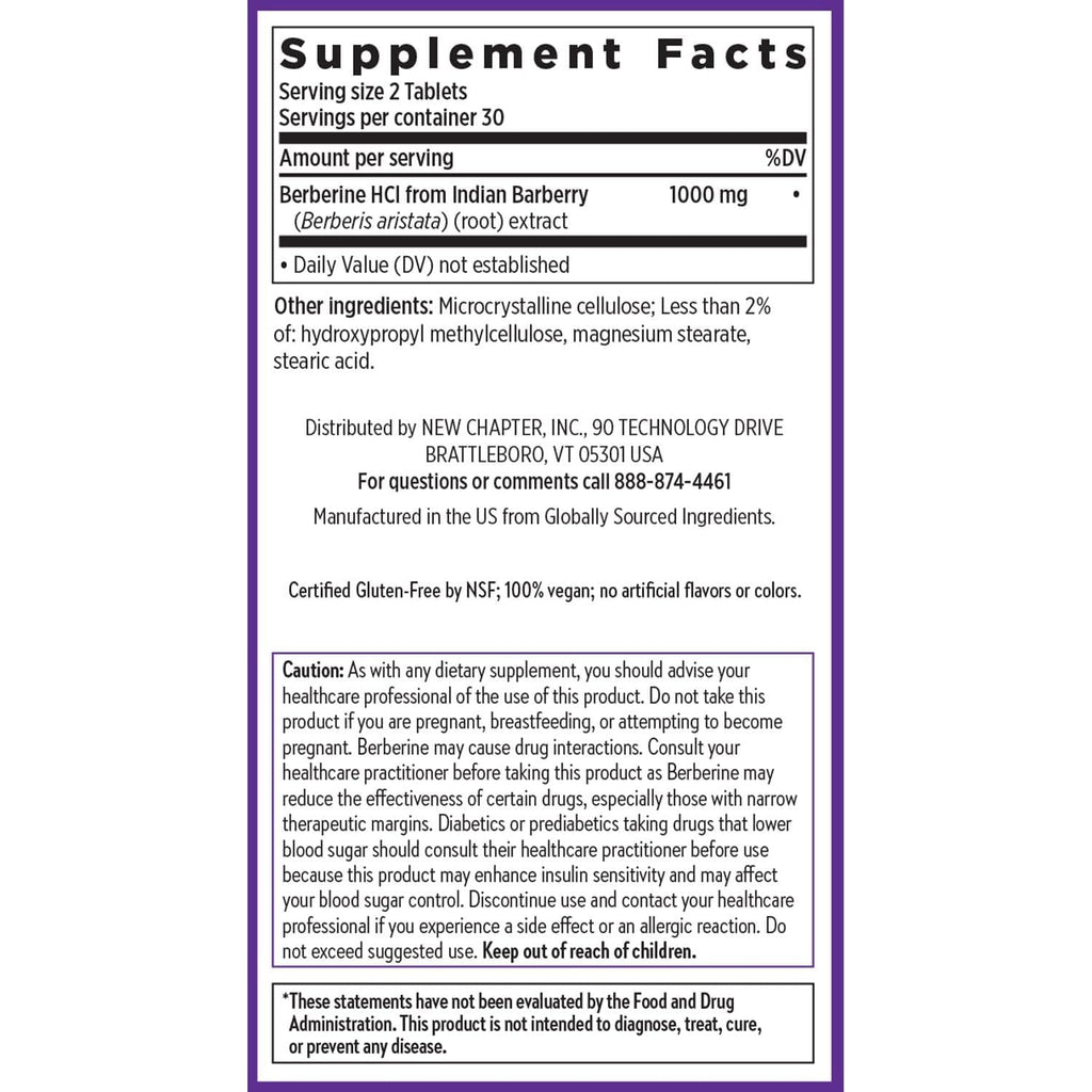 New Chapter Berberine Supplement - Super-Potent Berberine 1000 Mg, 30X Concentrated Indian Barberry Extract to Support Metabolic Health + Heart Health + Glucose Support, Vegan, Gluten Free, 60 Count