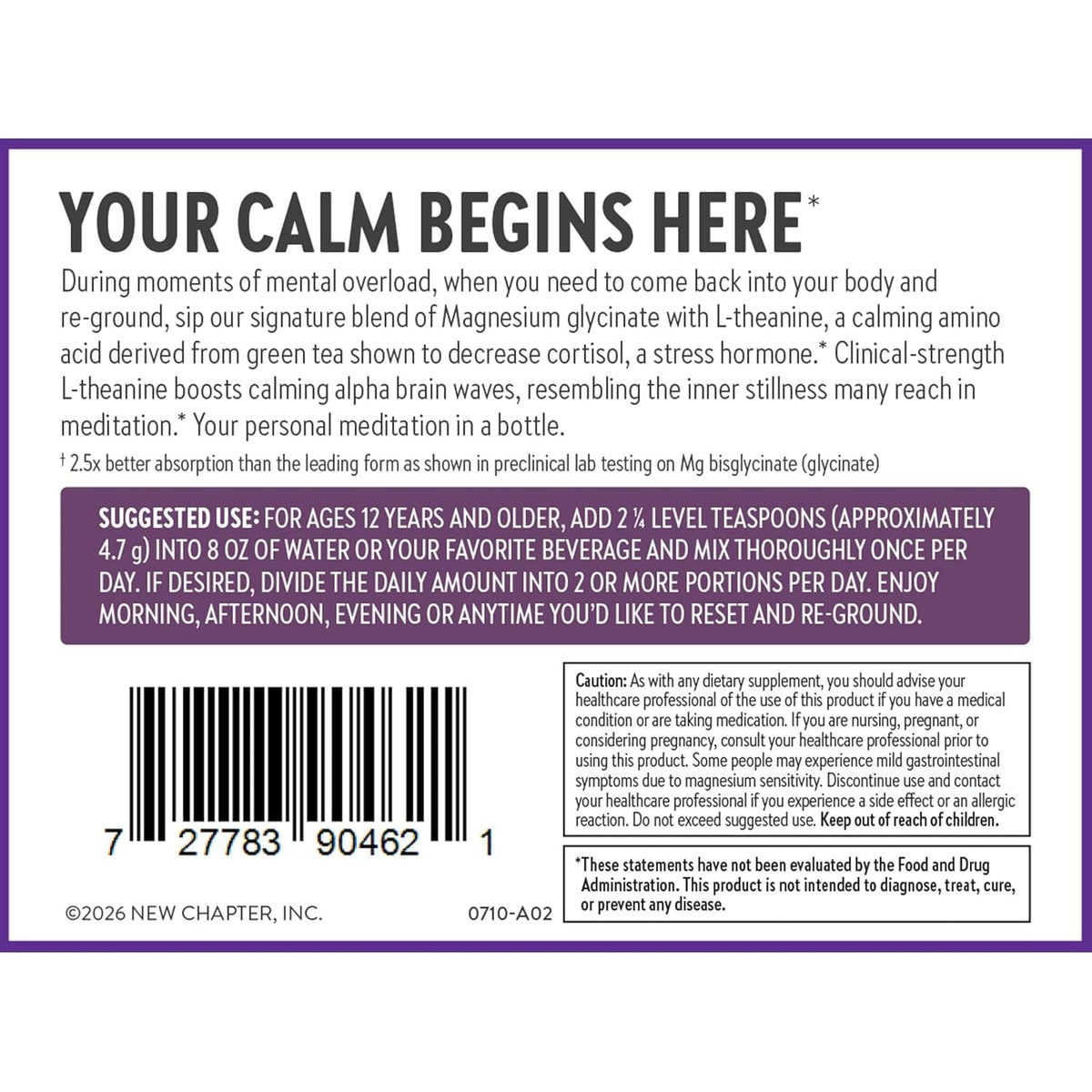 New Chapter Magnesium Glycinate + L-Theanine Supplement Powder, with 325 Mg Magnesium & L-Theanine 200 Mg for Calm, Focus, Mental Clarity, Muscle Relaxation & Cortisol Balance*, 30 Servings