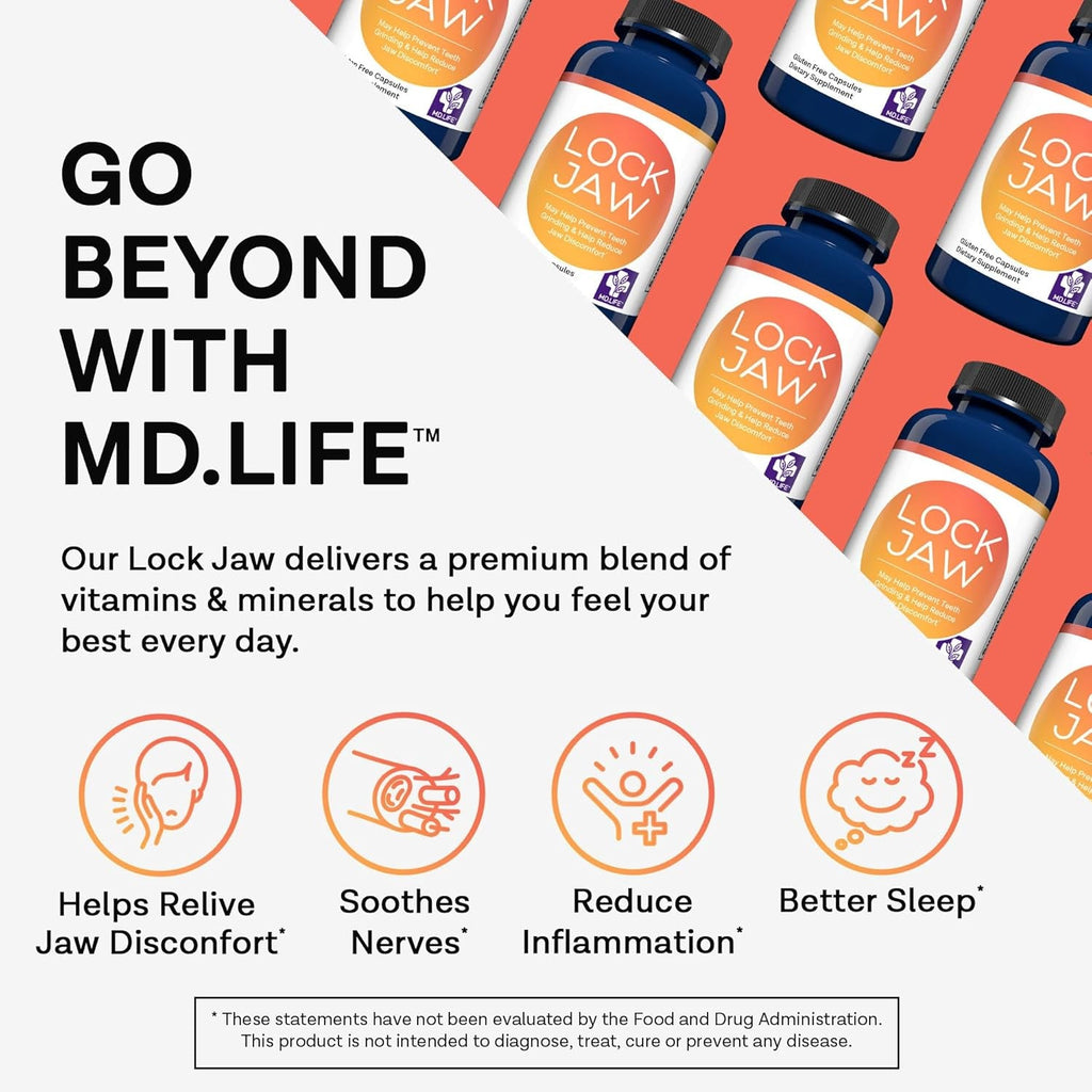 MD.LIFE Lock Jaw Assistance - 60 Vegan Capsules - TMJ Relief Support and Jaw Relaxer Supplement - Double Strength Formula Tension Relief- Third-Party Tested