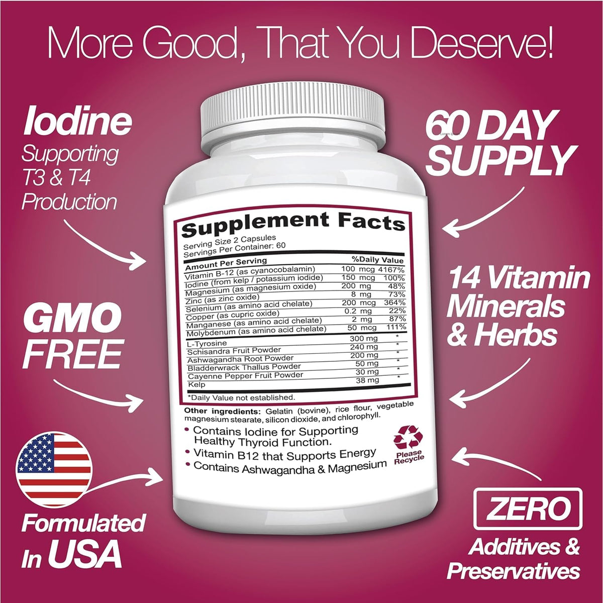 Thyroid Support Supplement with Iodine |120 Capsules to Help Body Mass & Improve Energy, Cardiovascular, Energy & Focus Formula | 14 Natural Vitamins